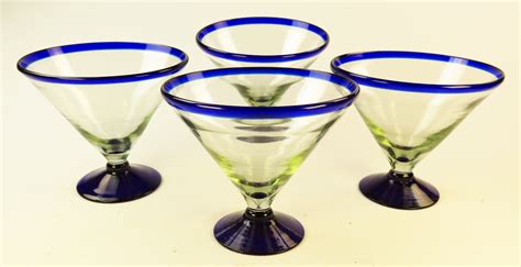 Mexican Margarita Martini Glass Blue Rim 15oz Short Stem Set Of Four Hand Blown By Artisans In