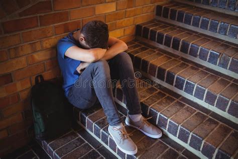 Sad Schoolboy Sitting Alone Staircase Stock Photos Free And Royalty