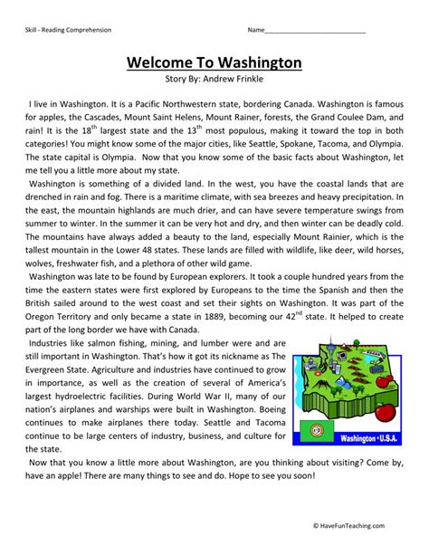 Worksheets with short passages and multiple choice questions. Reading Comprehension Worksheet - Welcome to Washington