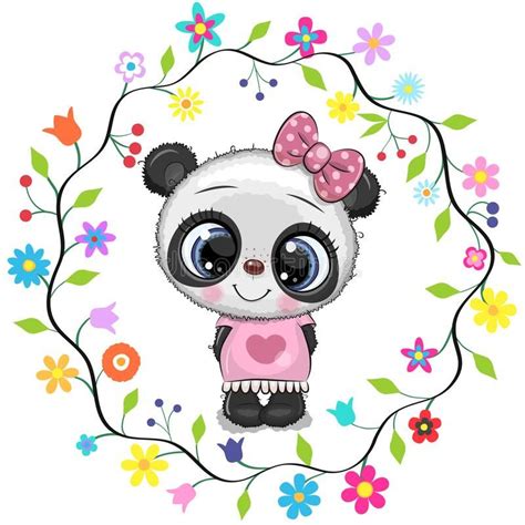Cartoon Panda Girl In A Flowers Frame Cute Cartoon Panda Girl In A
