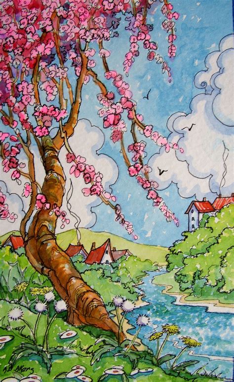 Cherry Tree Spring Storybook Art Art Naive Art