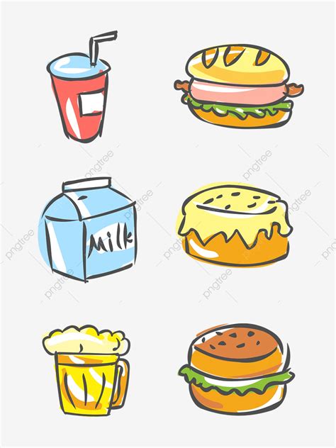Food Elements Hand Drawn Cute Cartoon Fast Drink Burger