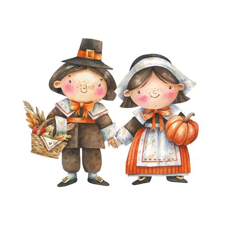 premium vector cute cartoon pilgrims with autumn ts watercolor illustration thanksgiving