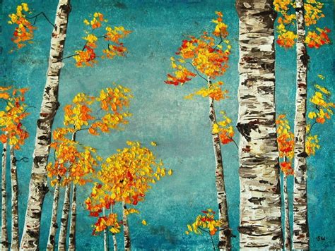 A Painting Of Some Trees With Yellow Leaves On Them And Blue Sky In The