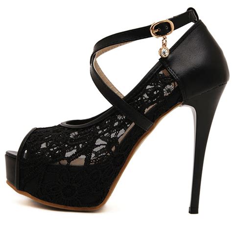 cheap fashion round peep toe hollow out lace patchwork stiletto super high heel black pu cross