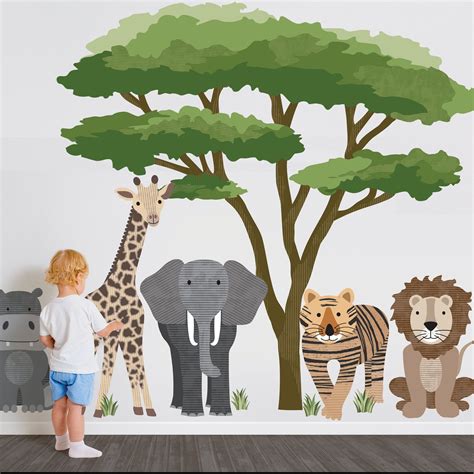 Large Safari Animal Wall Decals With Acacia Tree Nursery