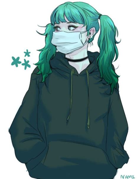 Female/ Green Hair/ Dark Green Hoodie/ Stars/ Two ...