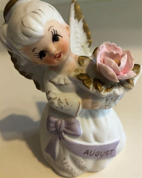 Vtg 4 Lefton Bisque August Birthday Angel Figurine With Pink Rose