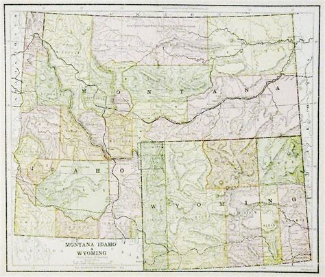 Map Of Montana Idaho And Wyoming 1885 11” X 13” Multi Colored