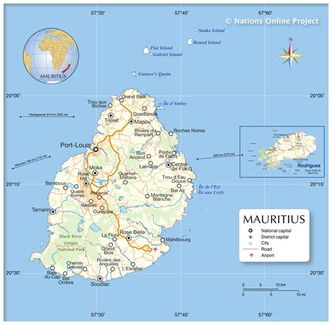 The map shows mauritius and the island of rodrigues, the location of mauritius' national capital port louis, district capitals, major cities and towns, main roads, and the location of mauritius airport. Map of Mauritius - Nations Online Project