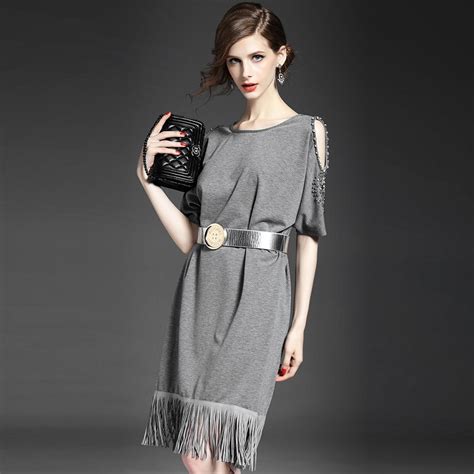 Gray Dress Woman European Womens Straight Tassel Dresses Women Fashion