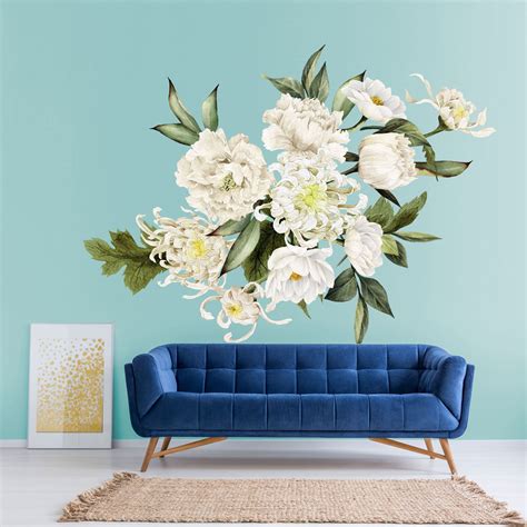 White Floral Wall Decal Set Made From Removable Wallpaper Etsy