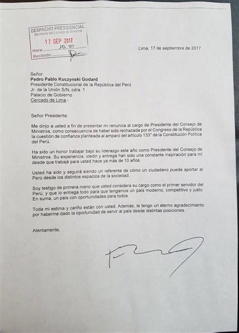 Lee La Emotiva Carta De Renuncia De Fernando Zavala Al Cargo De Premier