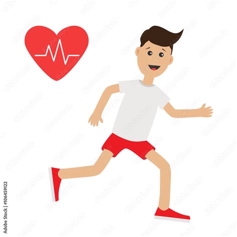 Funny Cartoon Running Guy Heart Beat Icon Cute Run Boy Jogging Man