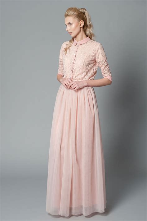 Blush Pink Shirt Long Dress With Chiffon Collar, Cuffs And Tulle Skirt ...
