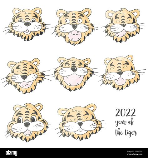 Faces Of Tigers Symbol Of Set Of Tigers In Hand Draw Style New