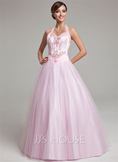 Ball Gown Halter Floor Length Tulle Quinceanera Dress With Beading