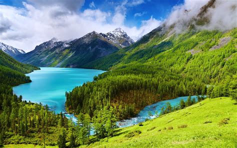 Beauty Blue Clouds Forest Green Lakes Landscapes Mountains Nature Quiet