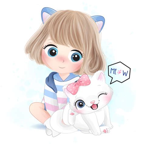Cute Little Girl And Cat Vector Free Download