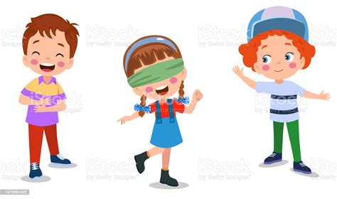 Happy Cute Little Kid Boy And Girl Play Tag Blindfolded Stock