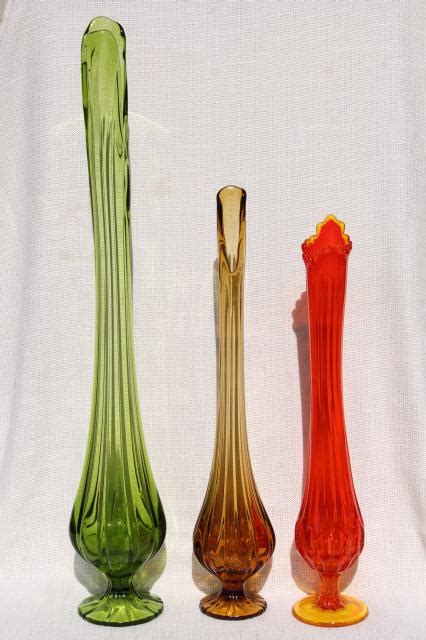 Mcm Vintage Art Glass Vases Tall Mod Vase Collection In Amber Orange