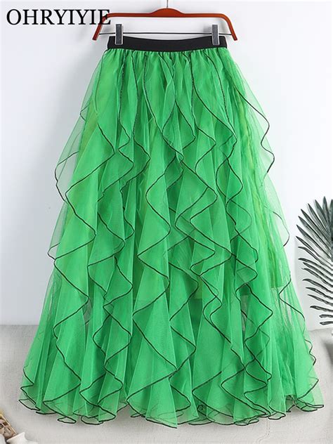 Ohryiyie 2022 Summer Ruffle Tulle Skirt Women Elastic High Waist Mesh Skirt Female Green Beige