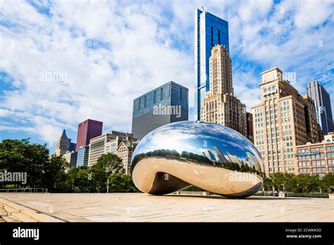 Famous Cloud Gate Chicago Bean Landmark At Day Nobody Around In Summer