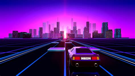 Neon Lights Buildings And Car On Road Hd Vaporwave Wallpapers Hd