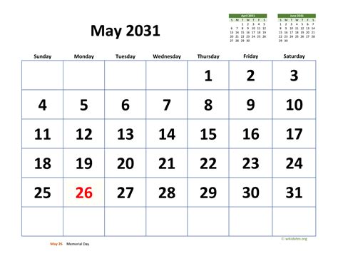 May 2031 Calendar With Extra Large Dates