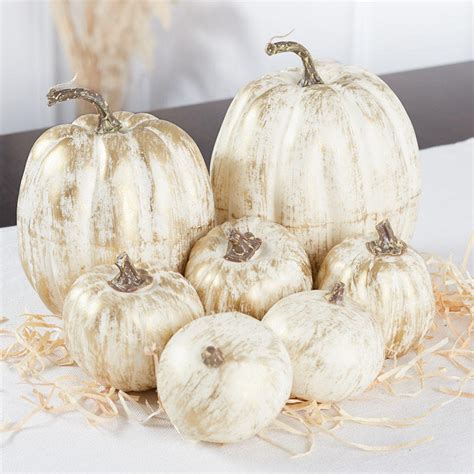 Gold Brushed White Artificial Pumpkins Fall And Halloween Primitive