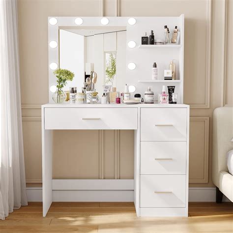 Rovaurx Makeup Vanity Table With Lighted Mirror Makeup Vanity Desk With Storage Shelf And 4