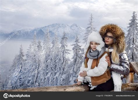 Beautiful Blonde Woman Baby Mom Daughter Standing Snow Winter Clothes