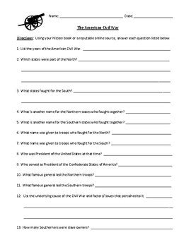 Introduction to the civil war: worksheet and detailed answer key