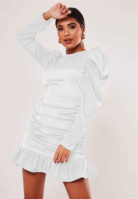 White Satin Puff Sleeve Ruched Mini Dress Missguided
