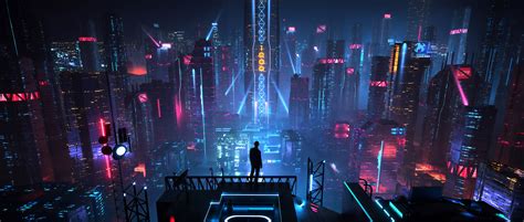Digital Art Men City Futuristic Night Neon Science Fiction