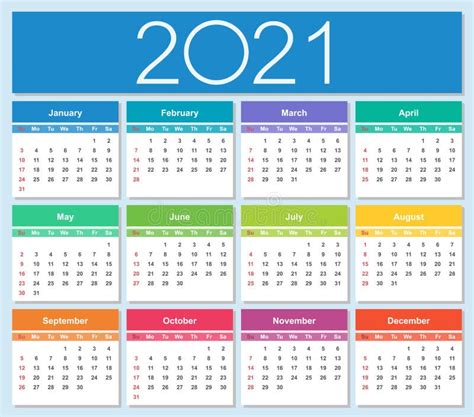Calendario Dellanno 2021 La Settimana Inizia Domenica Illustrazione