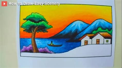 How To Draw Easy Sunset Scenery Simple Landscape Of Village With