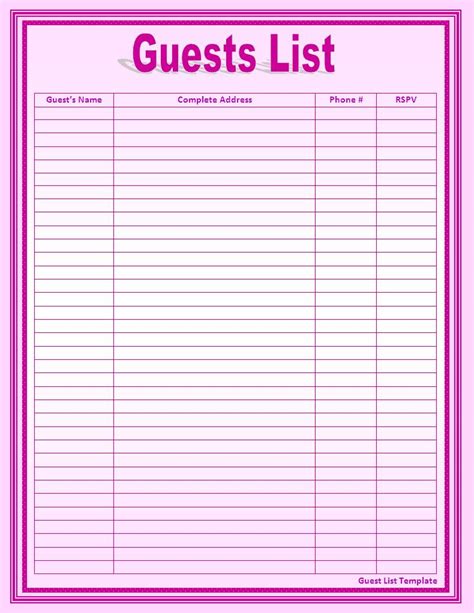 guest list sample  word templates