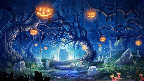 Halloween Night Pumpkin Graveyard Bat Wallpapers Hd