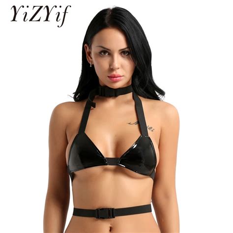 Yizyif Bra Womens Sexy Lingerie Wetlook Pu Leather Bra Top Triangle Bralette Halter Neck Strap
