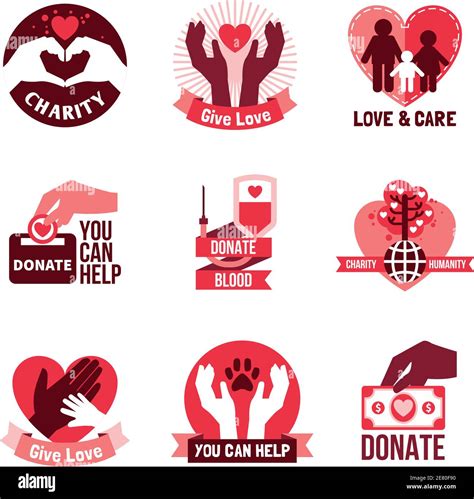Charity Pink Logo Emblems Set With Humanity Symbols Flat Isolated