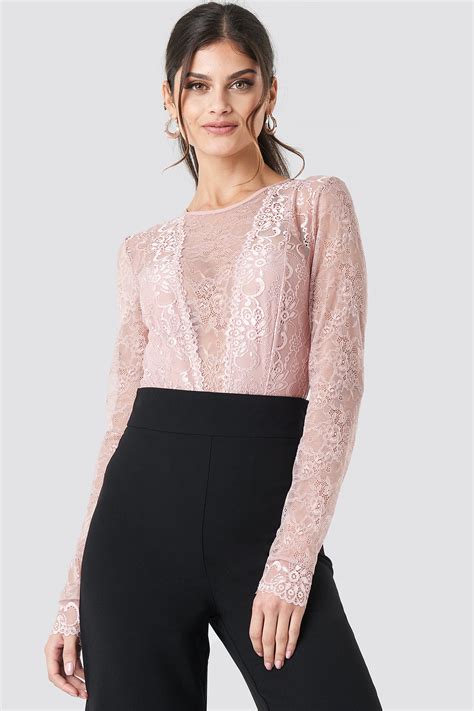 Long Sleeve Lace Bodysuit Pink Na