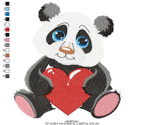 Panda With Heart Machine Embroidery Design Cute Panda Etsy