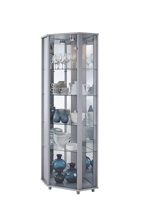 Buy Fully Assembled Home Corner Glass Display Cabinet Silver With Mirror Back 4 Moveable Glass