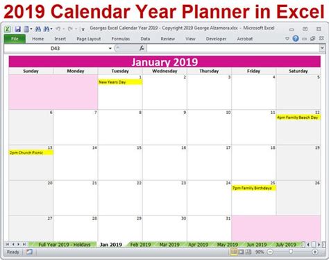 2019 Calendar Year Printable Planner Excel Templates 2019