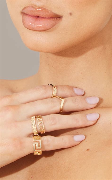 Gold Roman Multi Shape Five Set Ring Pack Prettylittlething