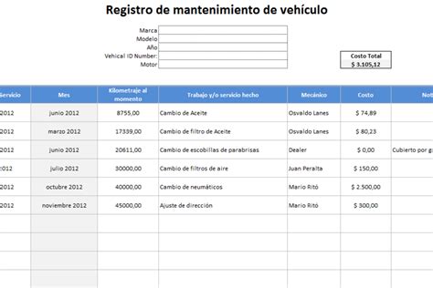 Plantilla Excel Registro De Mantenimiento De Vehículo Descarga Gratis