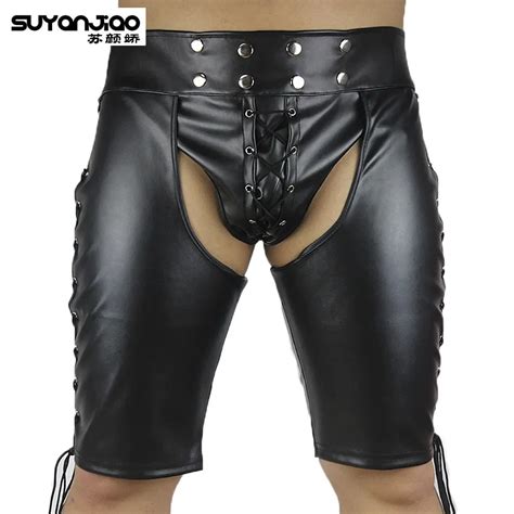 New Fashion Faux Leather Lace Up Sexy Spanking Shorts For Men Bodybuilding Fitness Panties