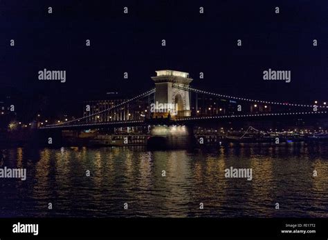 Chain Bridge Over The Danube River Budapest Hungary At Night With The