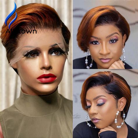 Alicrown Ombre Pixie Cut Wigs Short Lace Front Human Hair Wigs 180